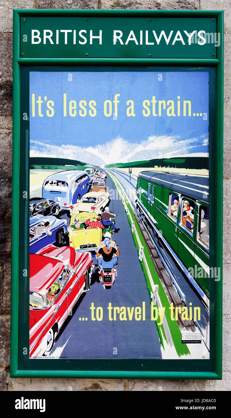 Vecchio stile anni cinquanta British Railways poster di promozione viaggi in treno in Swanage Steam Railway Foto Stock