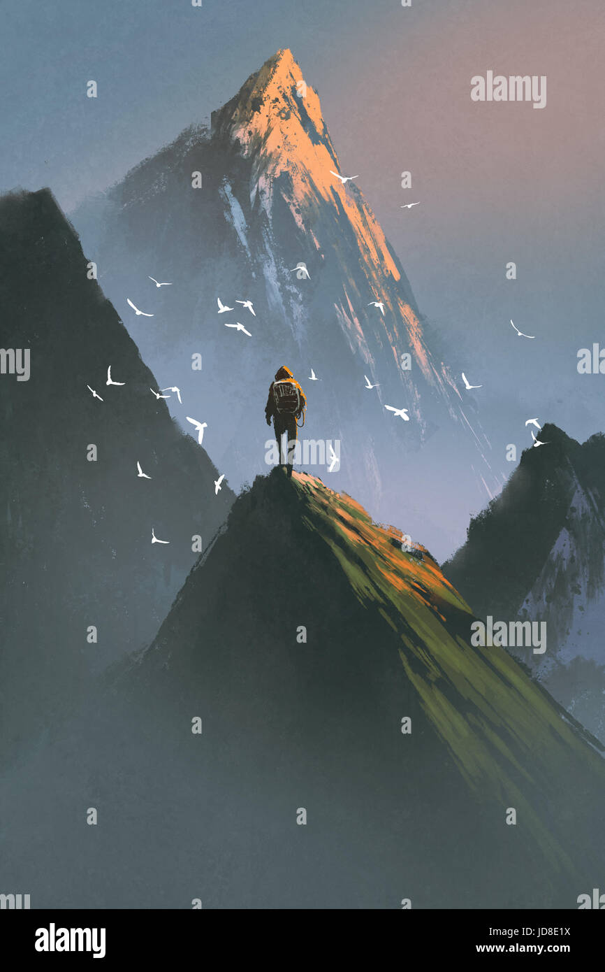 Uomo in piedi sulla cima della montagna guardando altre montagne con arte digitale stile, illustrazione pittura Foto Stock