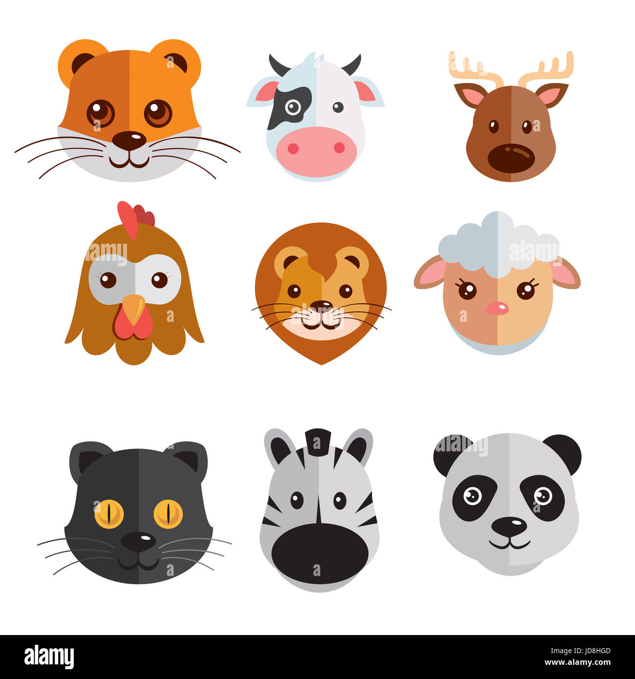 Funny mega Imposta icona illustrazione dei capi di tiger, mucca, Cervi, galline, lion, pecore, zebra, panda, gatto nero isolato su sfondo bianco Foto Stock