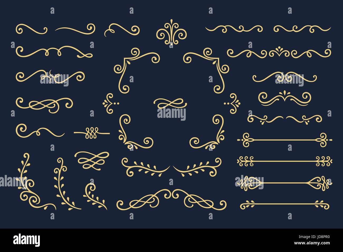 Impostare collezione Vintage di elementi di ornamento su sfondo nero Illustrazione Vettoriale