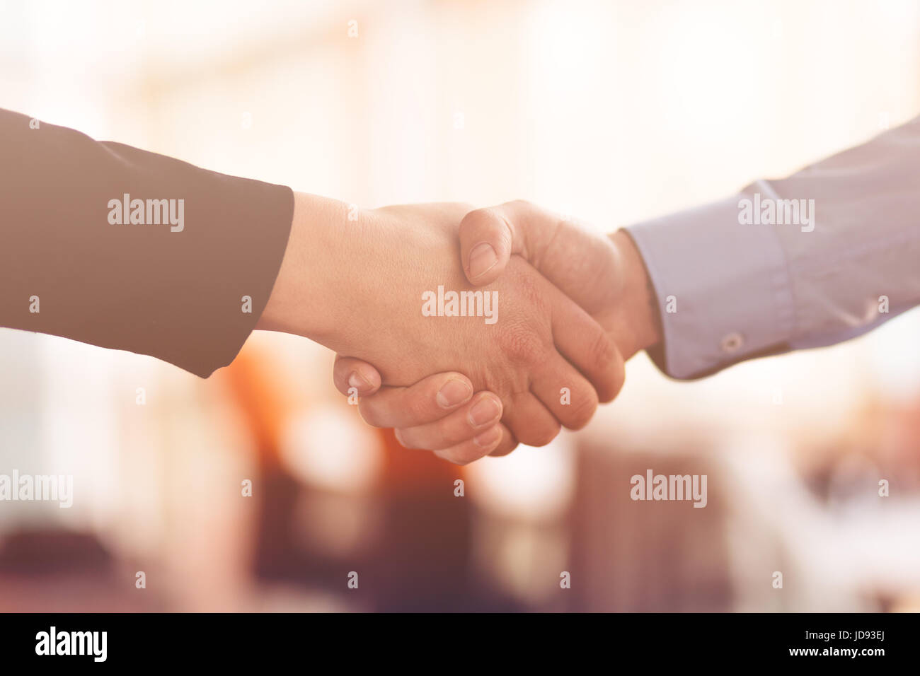 Le persone sul luogo di lavoro: uomo e donna hand shaking in occasione di una riunione Foto Stock