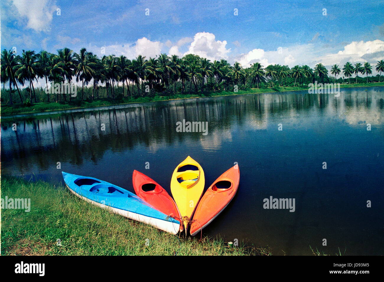 Un occhio cattura la bellezza scenica di uno stagno circostante con alberi di noce di cocco infront laboni punto di coxbazr mare spiaggia del Bangladesh è un popolare luogo di Foto Stock