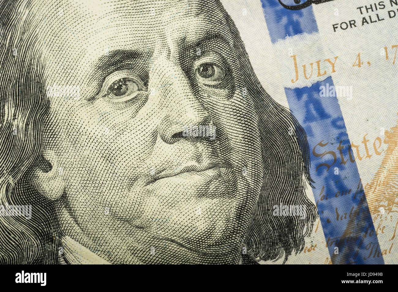 Ben Franklin dettaglio su di noi un centinaio di dollari Foto Stock