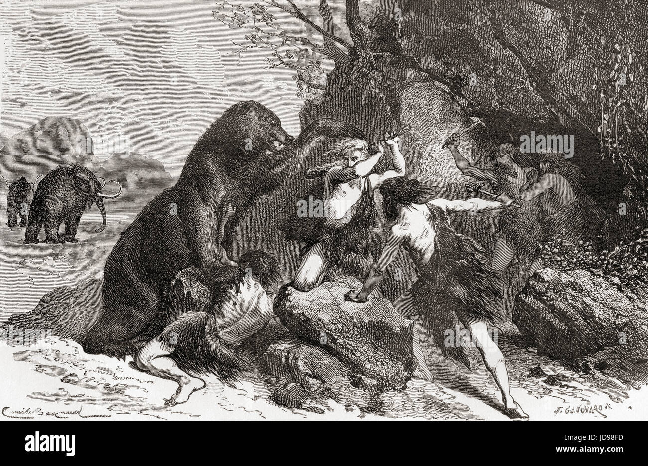 Gli uomini preistorici che combatte contro un grande orso. Da L'Homme Primitif, pubblicato 1870. Foto Stock