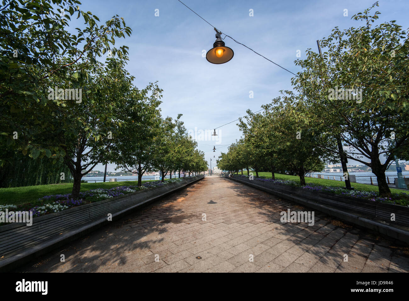 Luce elettrica appesa sul filo sopra il sentiero, New York, Stati Uniti d'America. 2016 città urbana negli Stati Uniti d'America Foto Stock