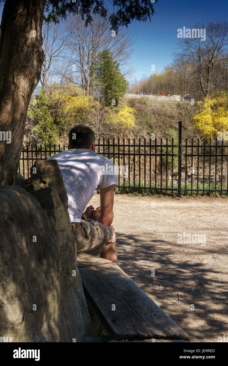 Vista posteriore di uomo seduto su un banco di lavoro, all'aperto in ambiente rurale. Foto Stock