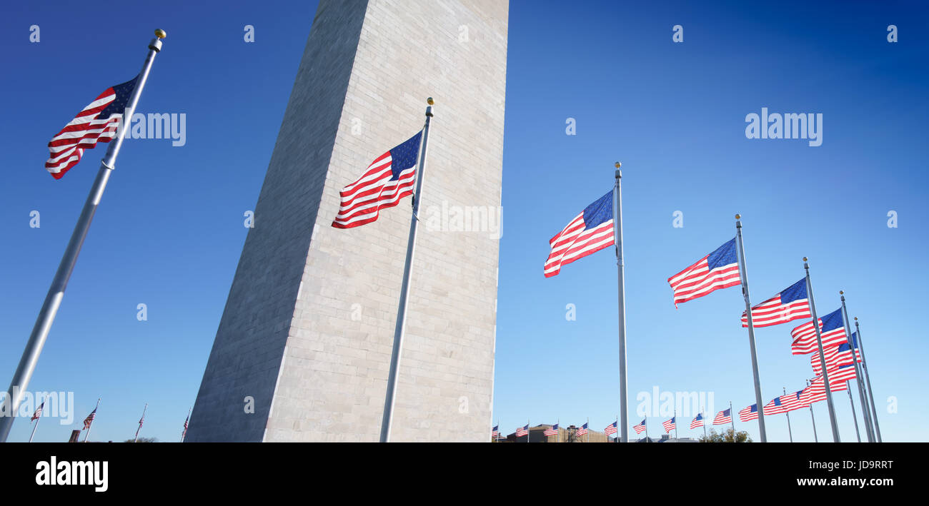 Chiudere fino a Washington obelisco circondato con bandiere, Washington DC, Stati Uniti d'America, Stati Uniti d'America. capitale Washington usa 2016 caduta Foto Stock