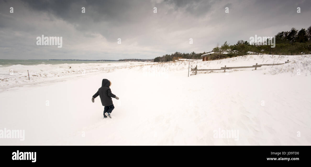 Bambino a piedi nella neve in paesaggi innevati, vista posteriore, Ontario, Canada ontario canada freddo inverno 2017 snow Foto Stock