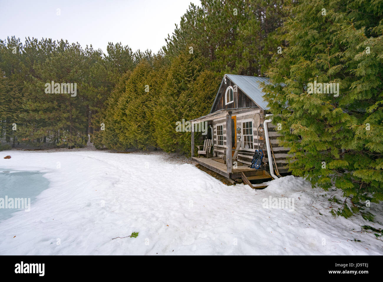 All'aperto, la cabina nei boschi in inverno, giornata soleggiata, Ontario, Canada ontario canada freddo inverno 2017 snow Foto Stock