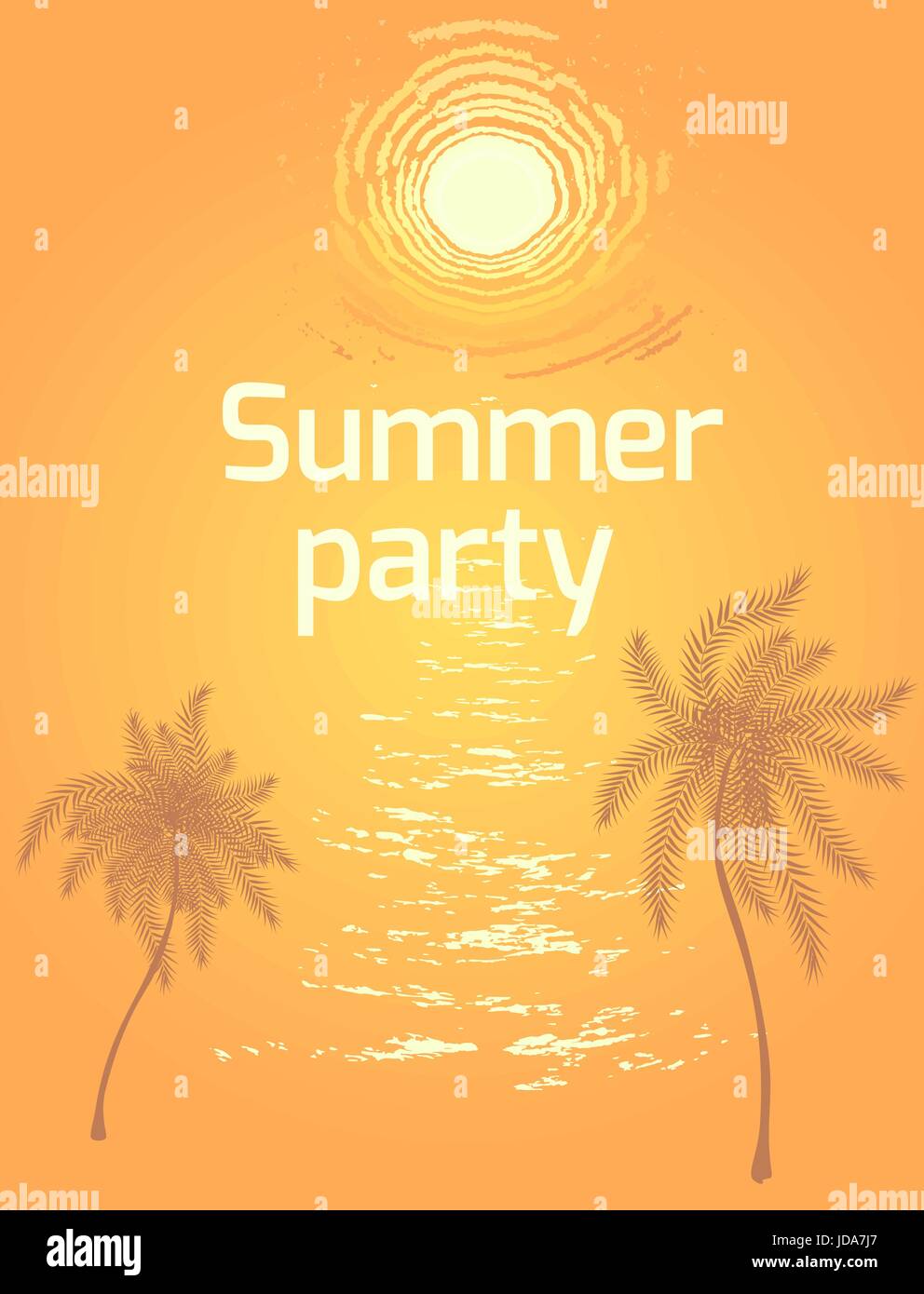 Summer beach party flyer. Sfondo del vettore con il tramonto sopra le onde del mare Illustrazione Vettoriale