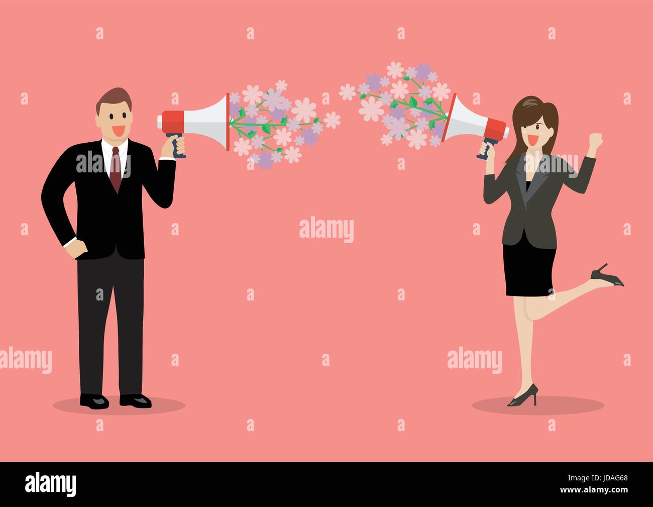 Imprenditore e la donna sono in possesso di un megafono con fiori. flirt concept Illustrazione Vettoriale