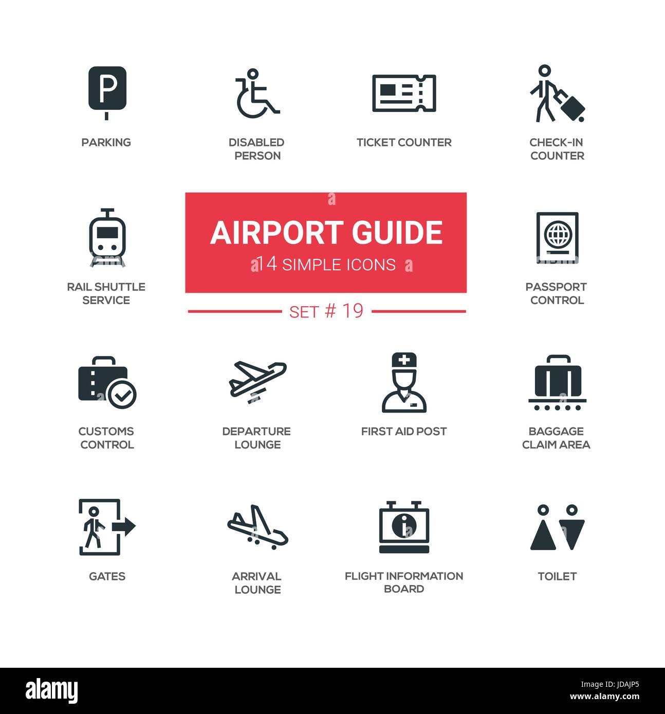 Guida aeroporto - moderno icone semplici, pittogrammi impostato Illustrazione Vettoriale
