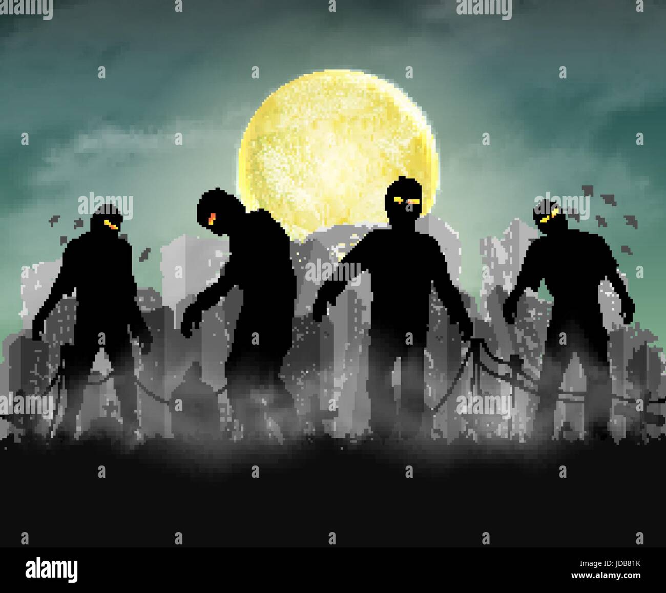 Silhouette zombie con città edificio rovinato Illustrazione Vettoriale