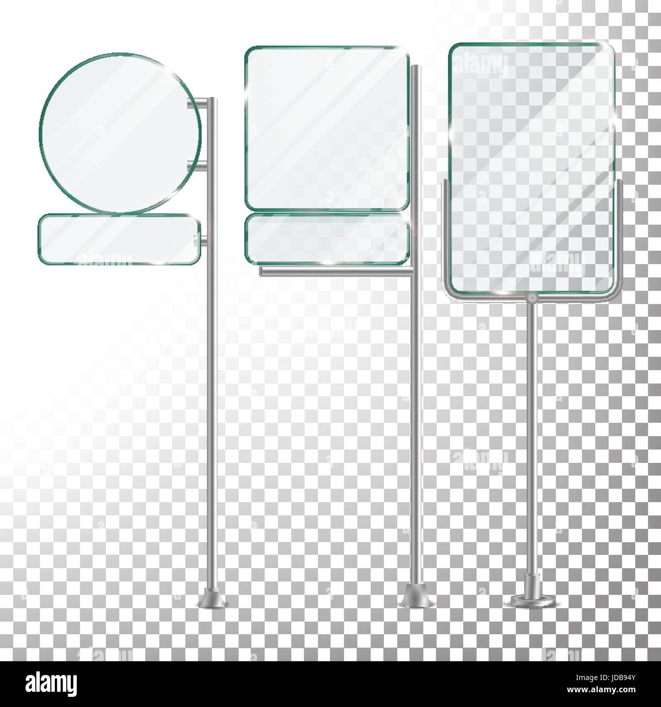 Tabellone di vetro vettore isolato su sfondo trasparente. POS pubblicità Banner Stand Mockup illustrazione. Lo schermo di vetro Banner Set. Illustrazione Vettoriale