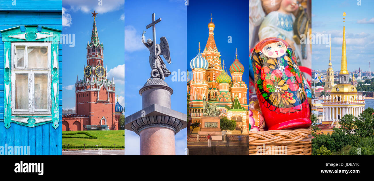 La Russia, panoramica photo collage, in Russia a San Pietroburgo e a Mosca i punti di riferimento dei viaggi e del turismo concept Foto Stock
