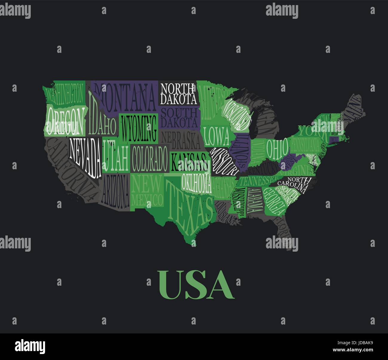 Mappa USA con stati- geografiche pittorico poster decorativi d'America disegnati a mano lettering design per la decorazione parietale stampa. Unico typogr creative Illustrazione Vettoriale