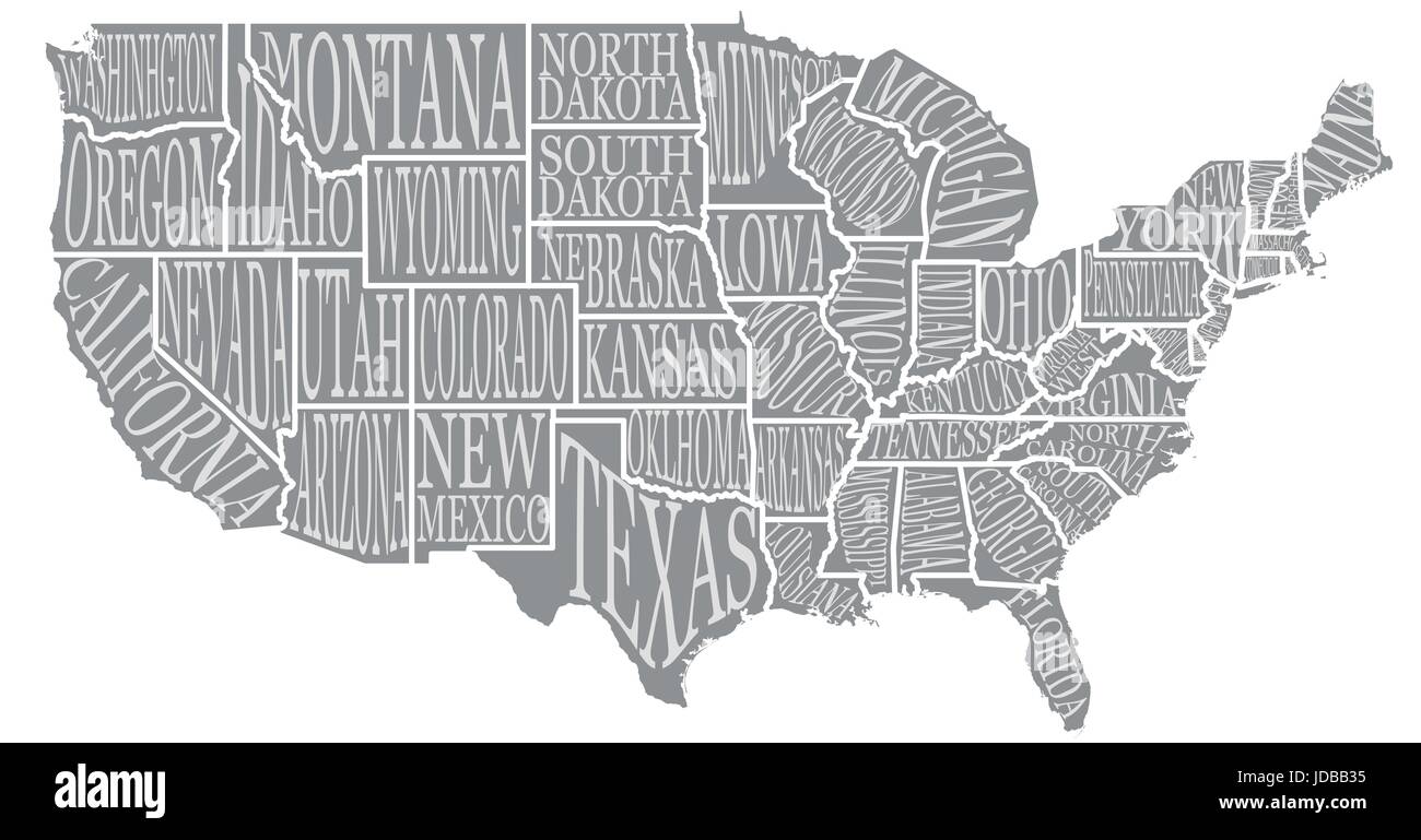 Blank simili ad alta decorazione dettagliata mappa USA su sfondo bianco. Stati Uniti d'America paese con caratteri di testo i nomi di stato iscrizioni. Vec Illustrazione Vettoriale