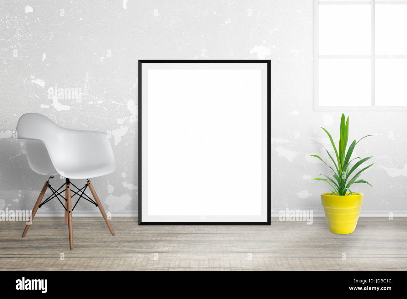 Empty picture frame per mockup. Il telaio è appoggiata contro il muro, sedia e pianta accanto a. Foto Stock