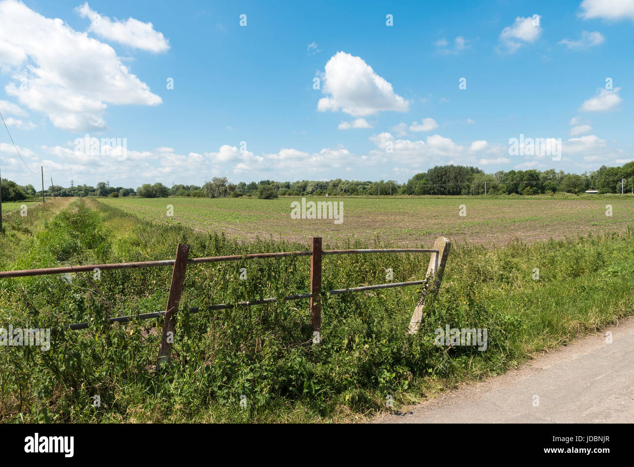 Veiw rurale attraverso campi guard rails e posti, Foto Stock