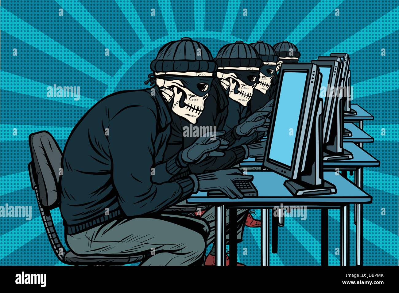 La comunità hacker, scheletri hacked computers. La Pop art retrò illustrazione vettoriale Illustrazione Vettoriale