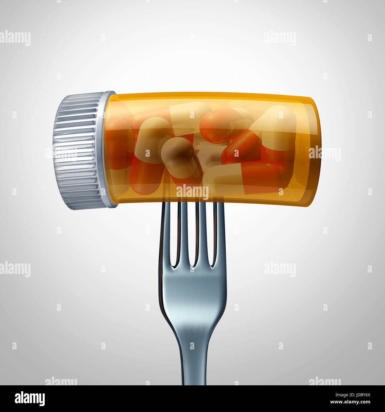 La dieta medicina e perdita di peso pillole concetto come una forcella con una bottiglia di alternativa di cibo come un integratore vitaminico o la dieta di prescrizione farmaci Foto Stock