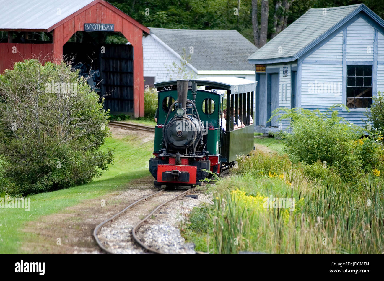 Un viaggio in treno a Boothbay Railway Museum, Boothbay, Maine, Stati Uniti d'America Foto Stock