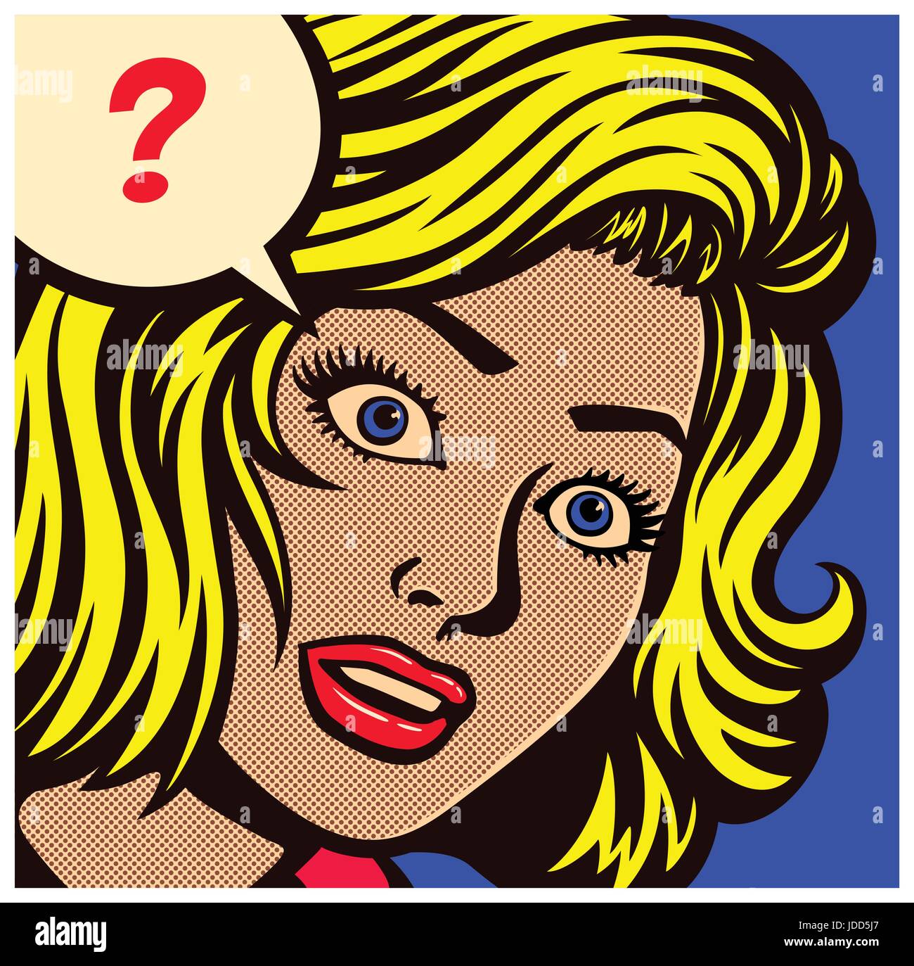 La Pop art stile fumetto con pannello confuso, perplesso o perplesso donna e discorso bolla con punto interrogativo vettore design poster illustrazione Illustrazione Vettoriale