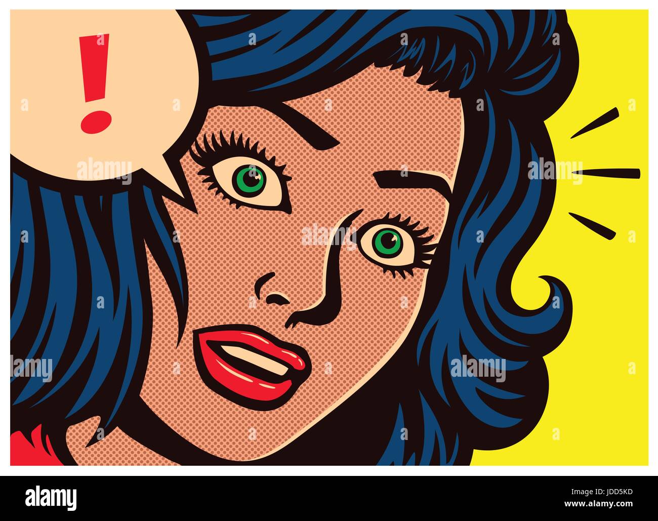 La Pop art stile pannello fumetti sorpreso ragazza con espressione vuota e discorso bolla con il punto esclamativo poster design illustrazione vettoriale Illustrazione Vettoriale