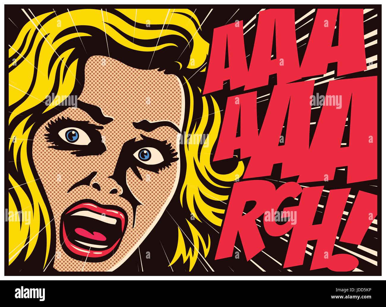 La Pop Art stile fumetto pannello con il terrore della donna in un panico urlando di paura in vettore design poster illustrazione Illustrazione Vettoriale