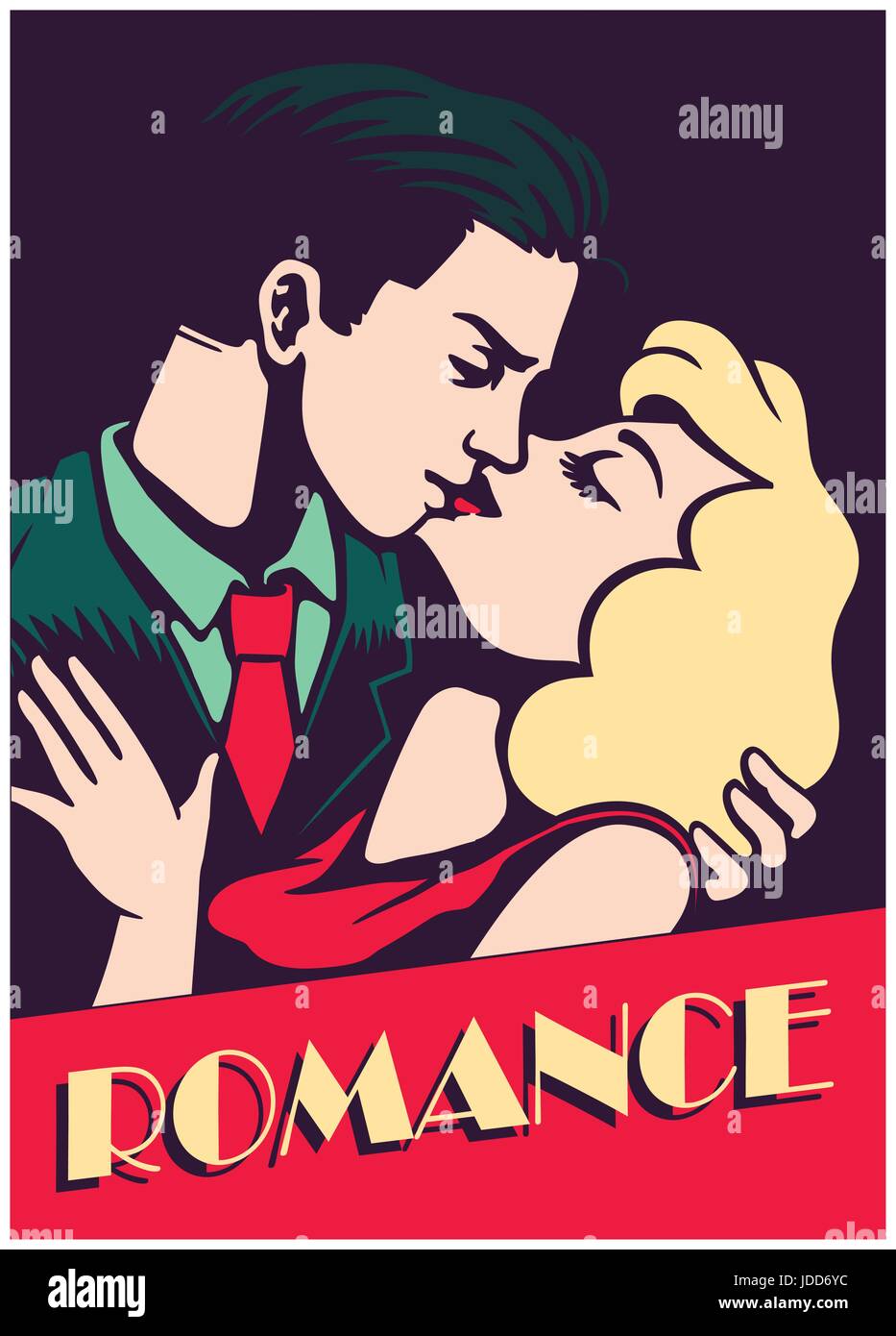Retrò a metà secolo gli amanti giovane kissing, romantico appassionato bacio, romanticismo il giorno di san valentino illustrazione vettoriale Illustrazione Vettoriale