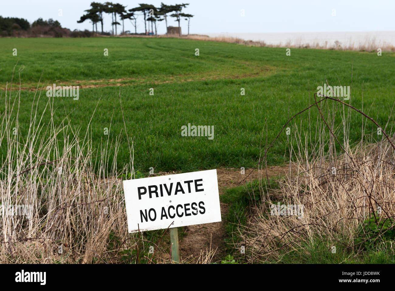 Privata di accesso non firmare, terreni agricoli, Bawdsey, Suffolk, Regno Unito. Foto Stock