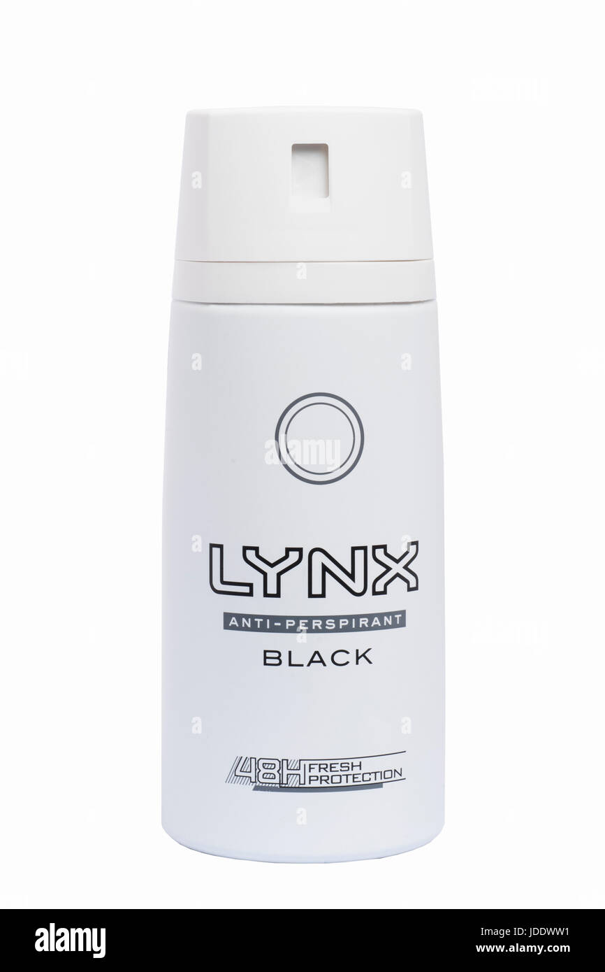 Un può di Lynx nero anti-perspirant su sfondo bianco Foto Stock