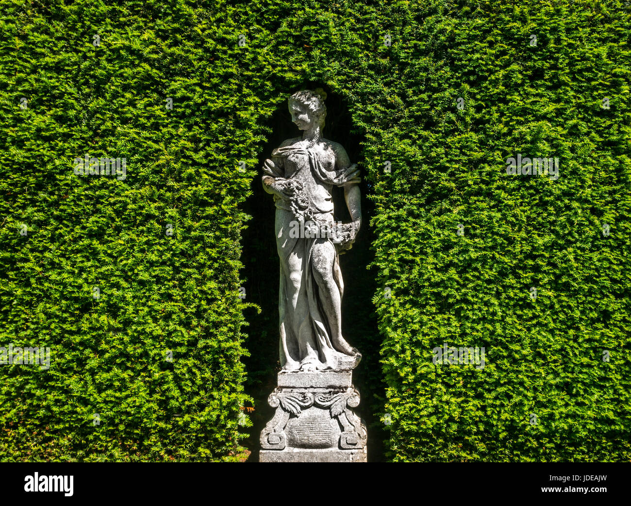 La flora, classica romana dea dei fiori e della stagione primaverile, in hedge nel giardino murato, Tyninghame House, East Lothian, Scozia, Regno Unito Foto Stock