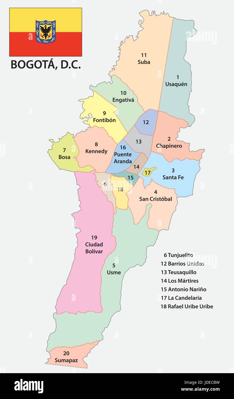 Bogotà politica e amministrativa di mappa con bandiera Illustrazione Vettoriale