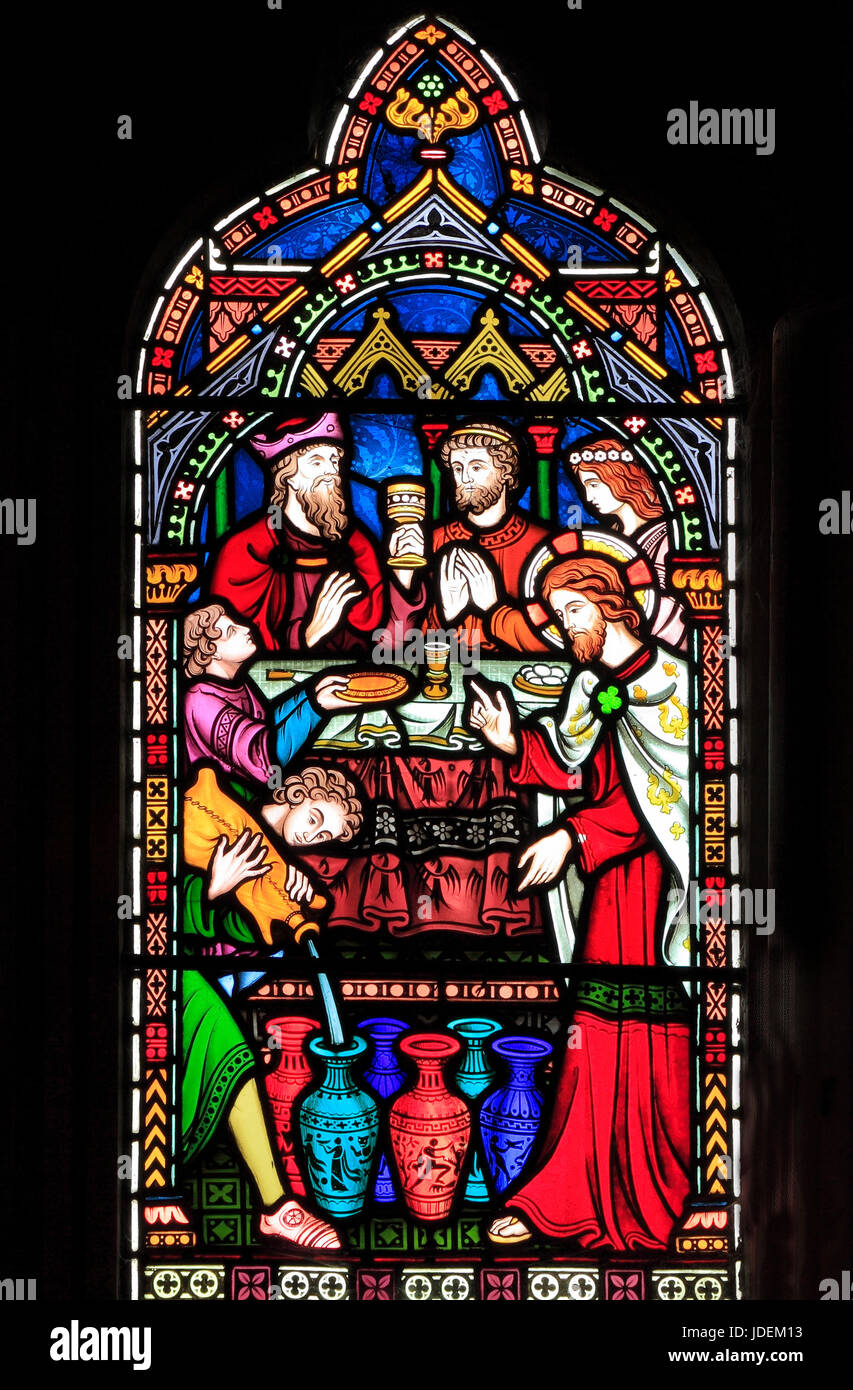La vita di Gesù, festa di nozze di Cana, Cristo trasforma l'acqua in vino, vetrate di Federico Preedy, 1865, Gunthorpe, Norfolk, Inghilterra, Regno Unito Foto Stock