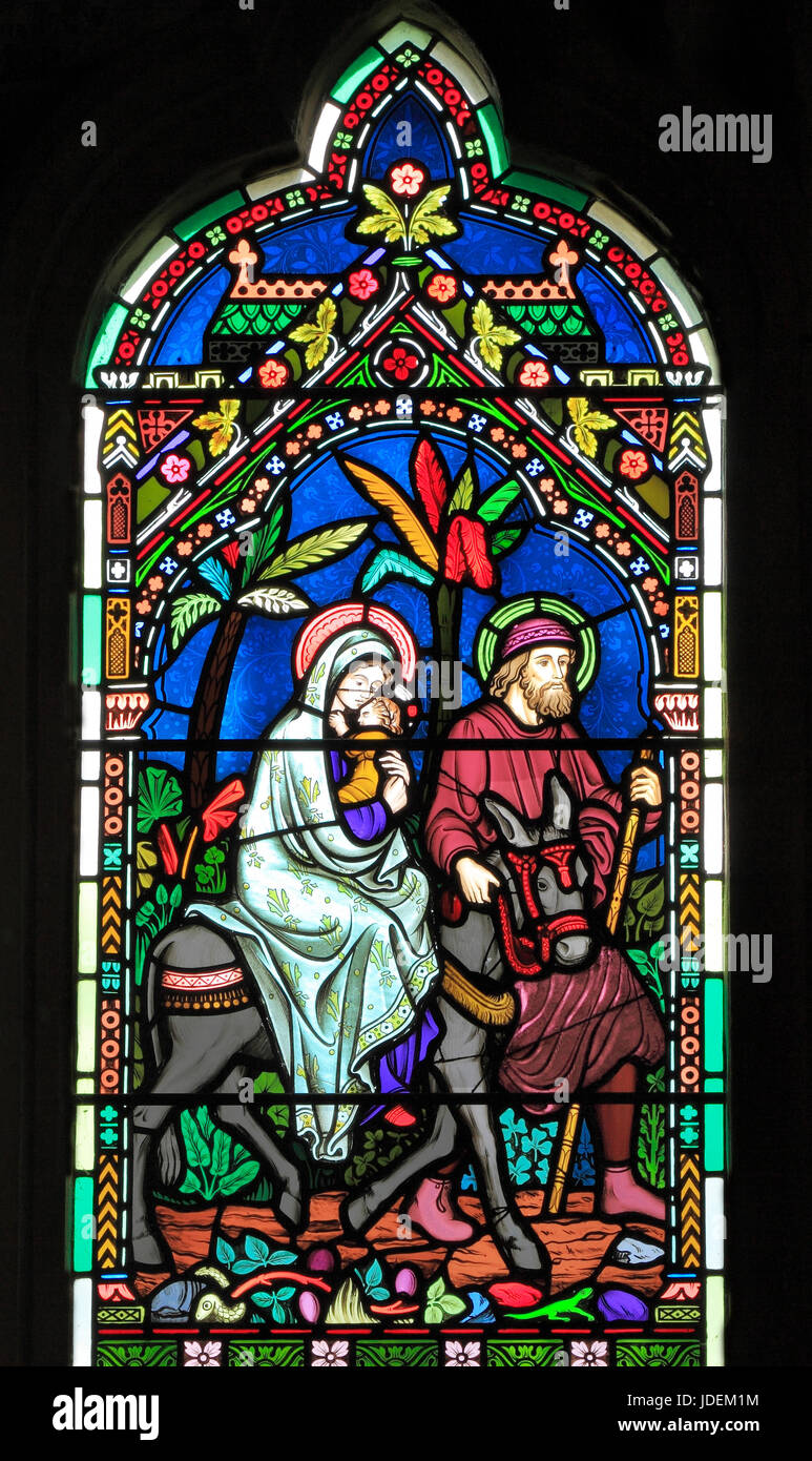 Fuga in Egitto, Giuseppe, Maria, Gesù bambino sfuggire la macellazione dei nuovi nati maschi, vetrate di Federico Preedy, 1865, Gunthorpe, Norfolk Foto Stock