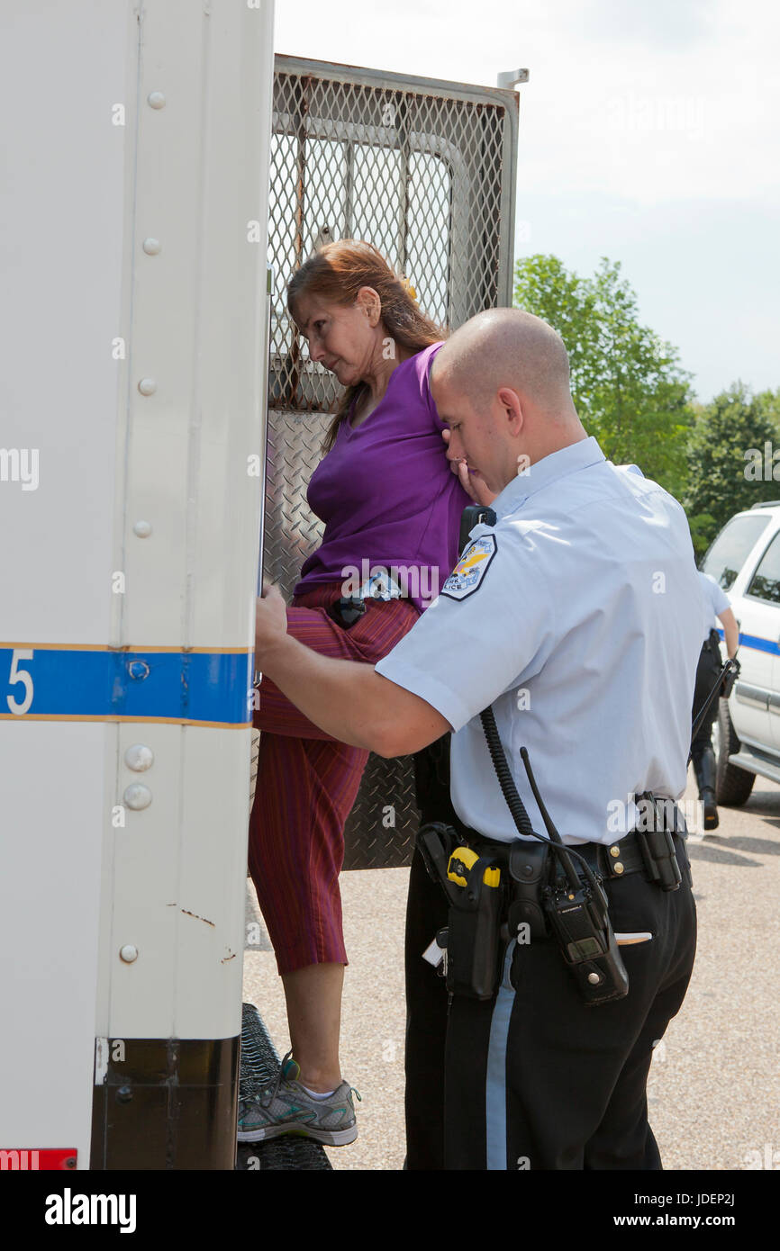 La polizia arrestati manifestante ambientali ha portato in polizia van - Washington DC, Stati Uniti d'America Foto Stock