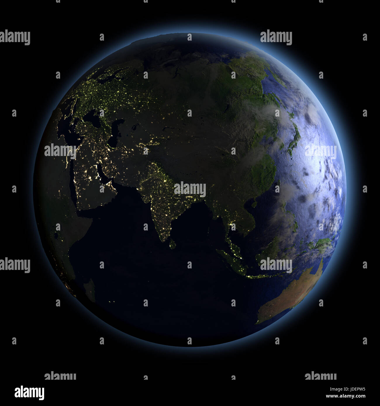 Il pianeta terra rivolta verso l Asia di notte. 3D illustrazione con dettagliate pianeta superficie visibile e luci della citta'. Gli elementi di questa immagine fornita dalla NASA. Foto Stock
