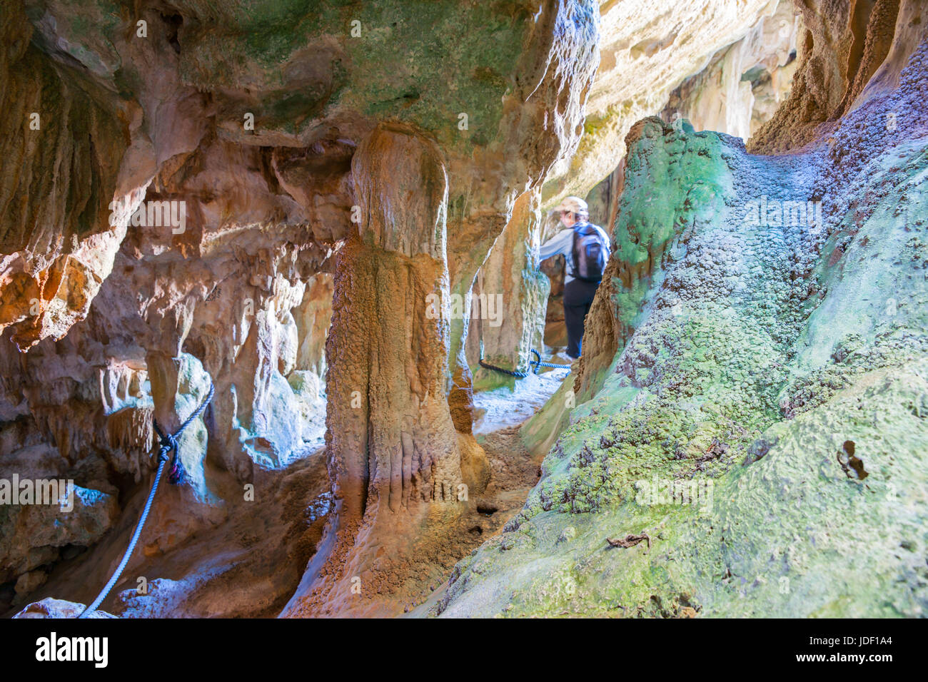 Resistente e colorata grotte e formazioni calcaree alla fine della via e la voce per la visualizzazione di scenic Talava arco sulla costa di Niue nel Pacifico del Sud. Foto Stock