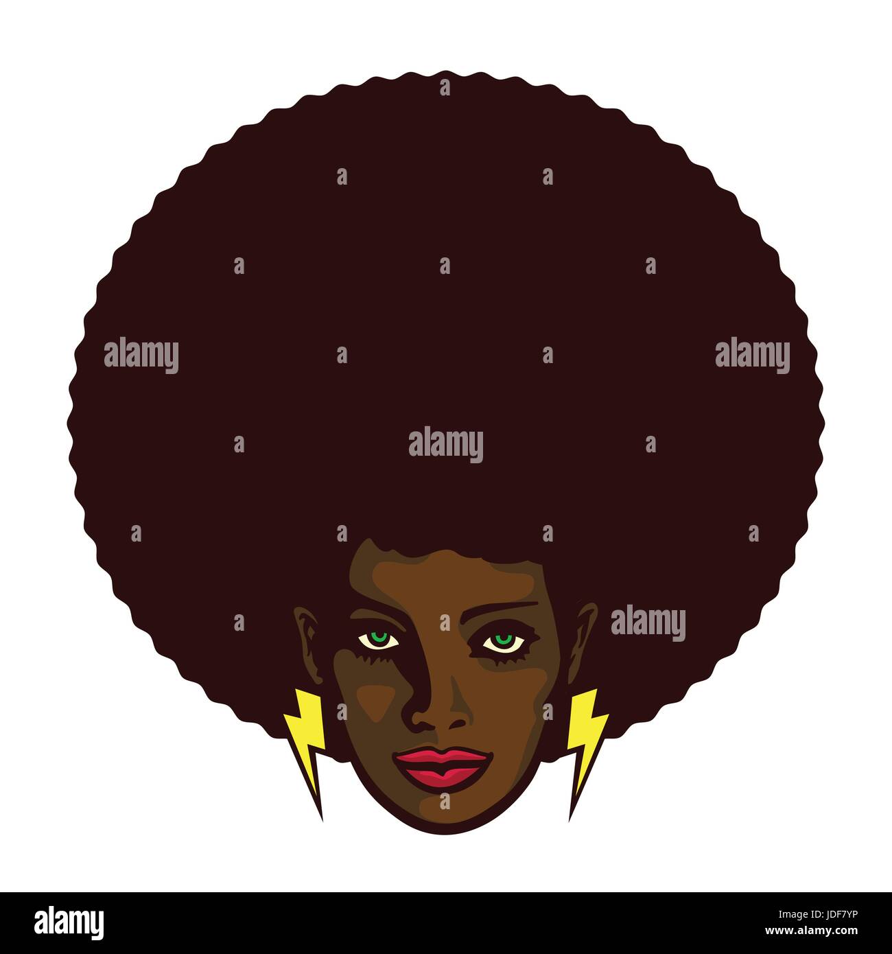 Nero donna con capelli afro e fulmine orecchini illustrazione vettoriale, determinata groovy cool girl face Illustrazione Vettoriale