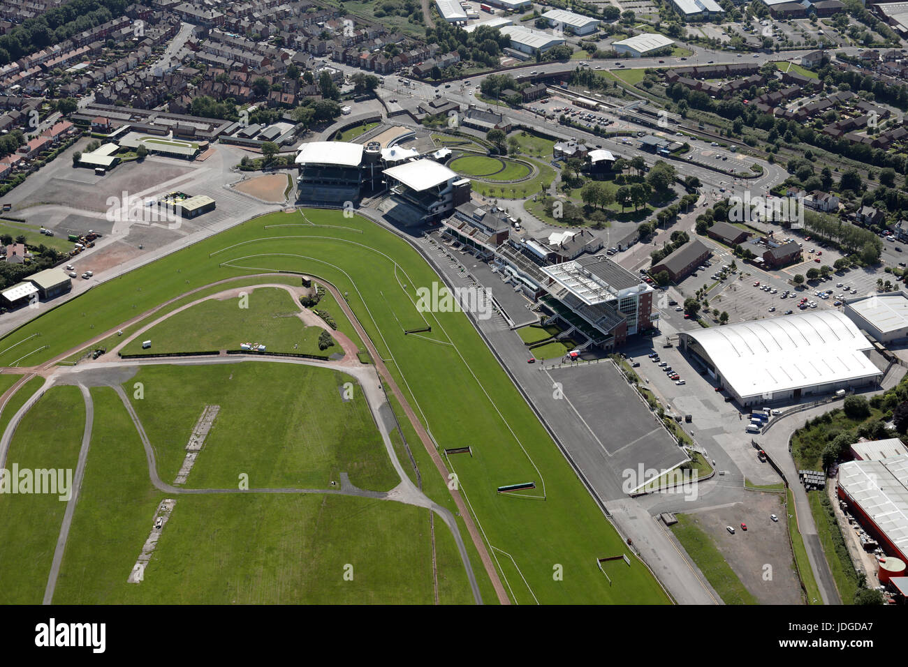 Vista aerea l'Aintree Racecourse in Liverpool, Regno Unito Foto Stock