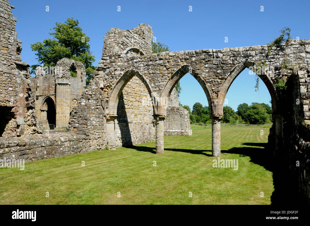 Le rovine di Bayham Abbey in Kent e Sussex ast frontiera nel sud dell'Inghilterra. L'Abbazia fu uno dei tanti che è stato sciolto dal Re Enrico V111. Foto Stock