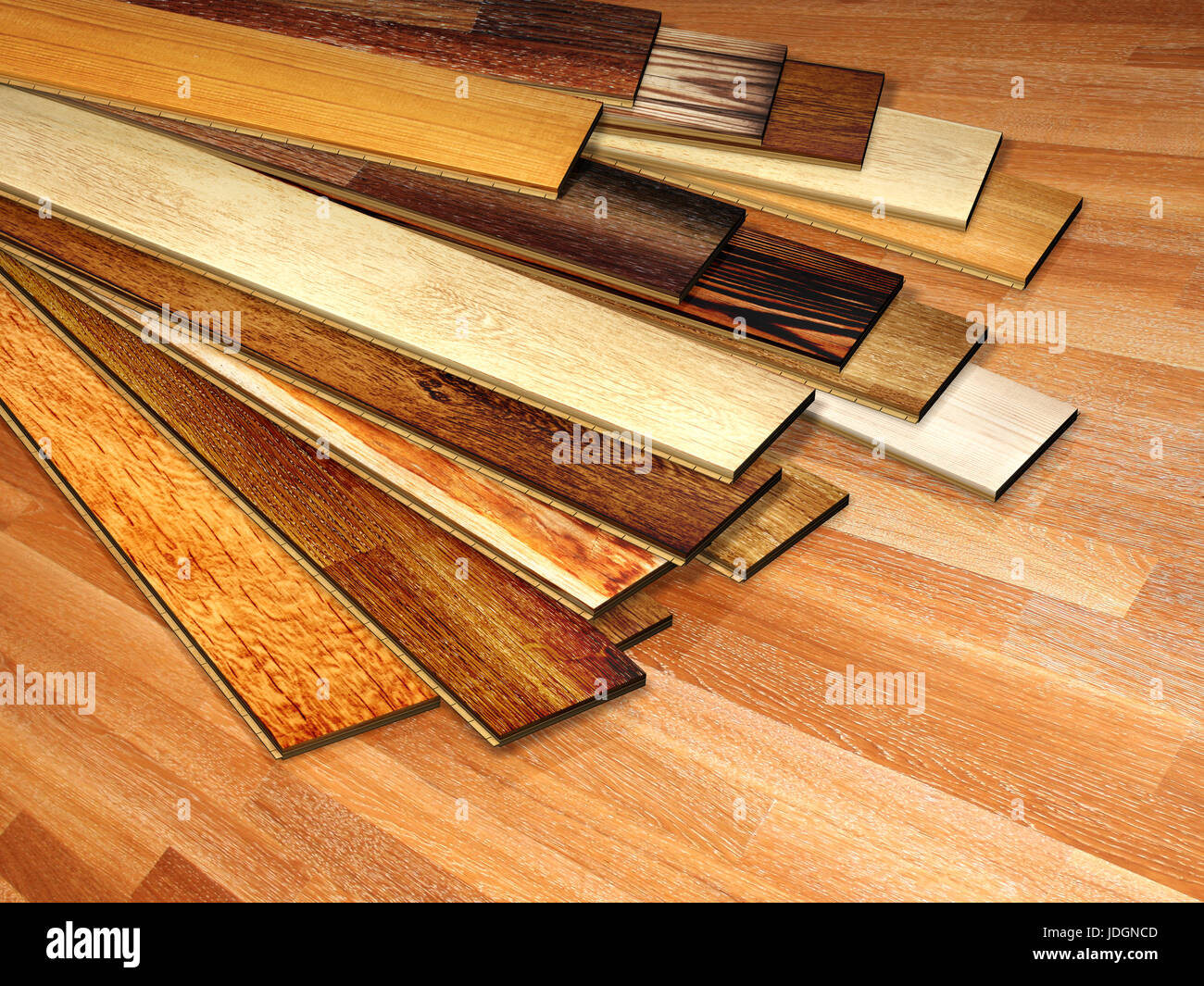 Nuove tavole di parquet di quercia di diversi colori su pavimento di legno.  3D render Foto stock - Alamy