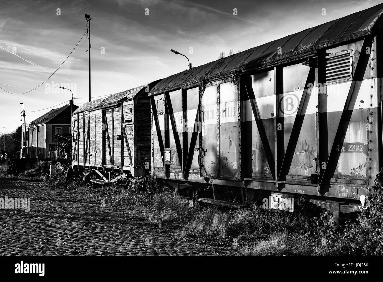 Abbandonata, abbandonati i vagoni del treno in Baasrode, Belgio Foto Stock