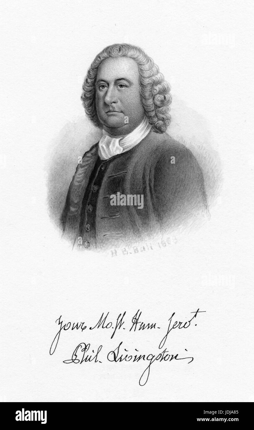 Ritratto inciso di Philip Livingston, mercante e delegato per il congresso continentale che era un firmatario della dichiarazione di indipendenza degli Stati Uniti, 1868. Dalla Biblioteca Pubblica di New York. Foto Stock