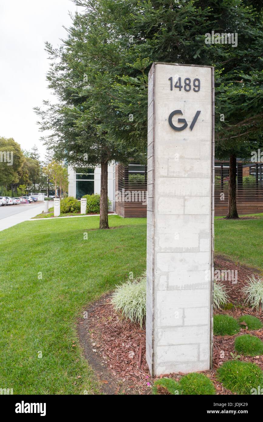 Digital Signage per Google Ventures, il venture capital divisione di Google Inc, al Googleplex, quartier generale di Google Inc di Silicon Valley Town di Mountain View, California, 7 aprile 2017. Foto Stock