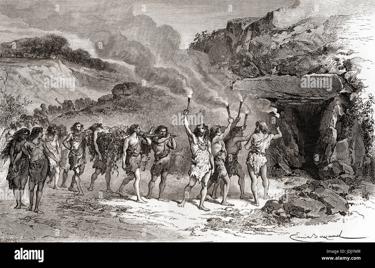 Una cerimonia funebre durante la tarda Età della Pietra aka Età della renna. Da L'Homme Primitif, pubblicato 1870. Foto Stock