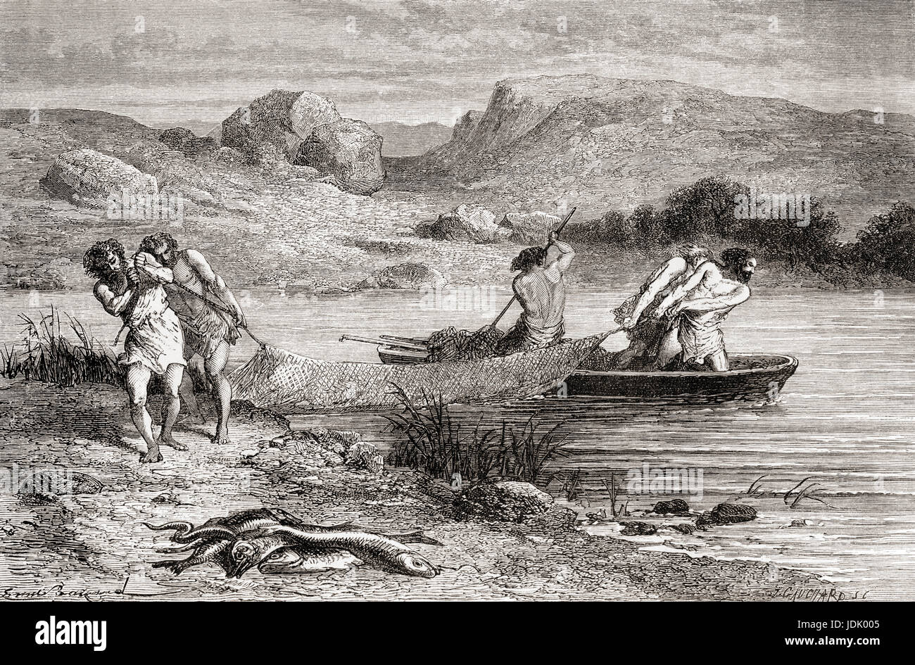 I pescatori dal Neolitico aka nuova età della pietra o età della pietra lucidata. Da L'Homme Primitif, pubblicato 1870. Foto Stock