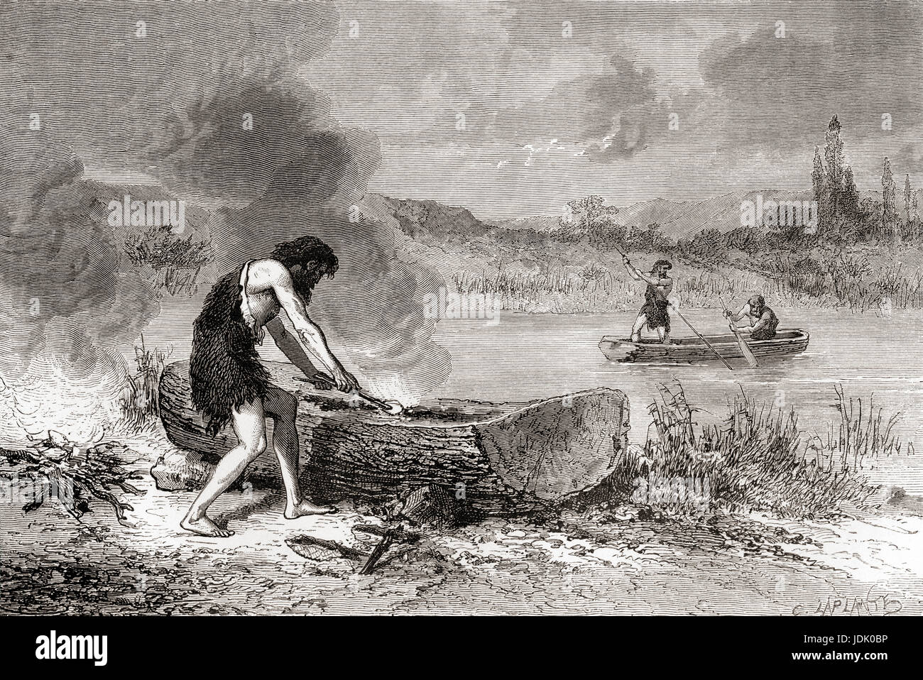 I primi navigatori durante il neolitico aka nuova età della pietra o età della pietra lucidata. Da L'Homme Primitif, pubblicato 1870. Foto Stock