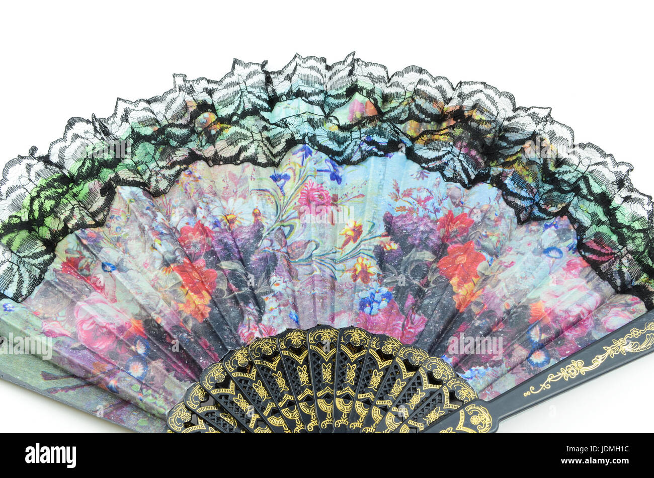 Colore palmare cinese ventola, aperto e isolato su sfondo bianco. Foto Stock
